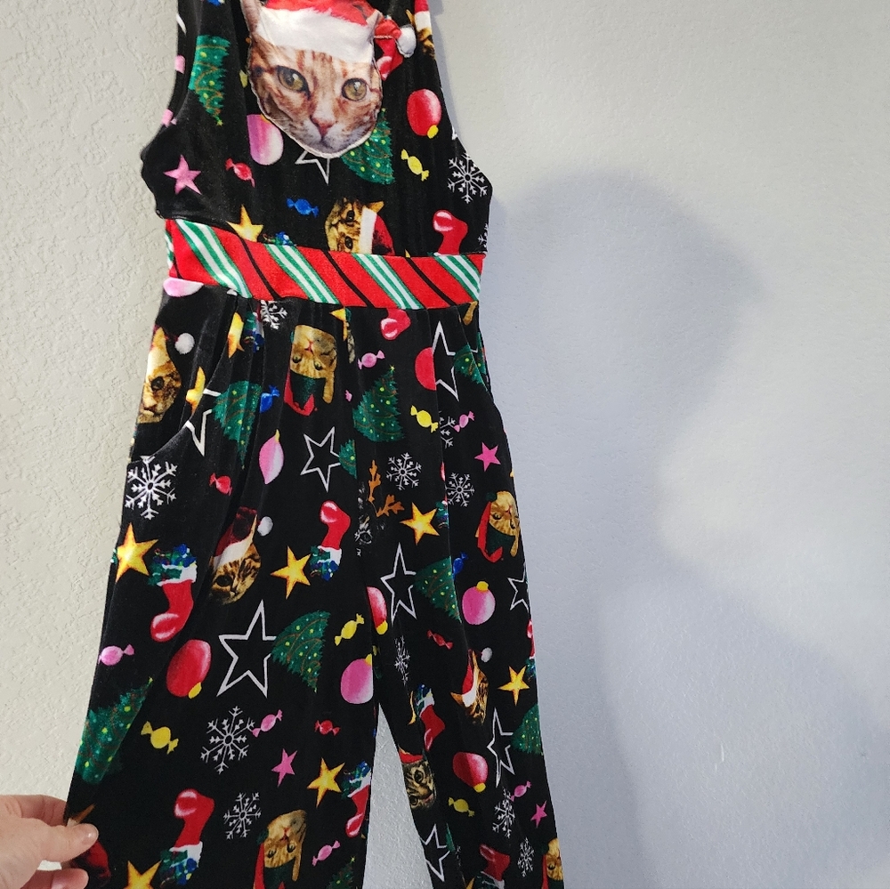 Festive Black Cat Ugly Jumpsuit with Holiday Print - Picture 4 of 8